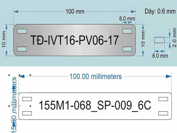Thẻ tagname inox 304 có những kích thước đang được sử dụng.